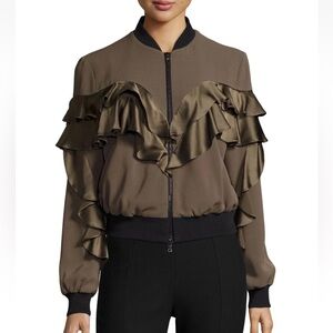 Cinq a Sept Leia Satin Ruffle Bomber Jacket in Olive with Black Trim W2137 Sz XS